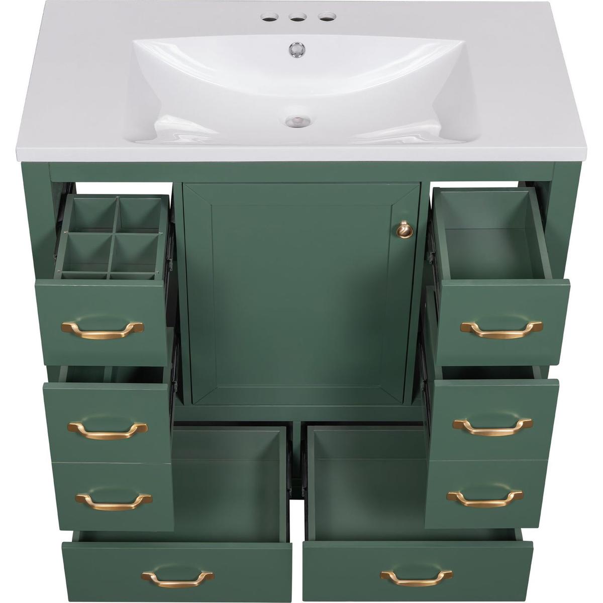 36" Bathroom Vanity with Sink Combo, Six Drawers, Multi-Functional Drawer Divider, Adjustable Shelf, Green