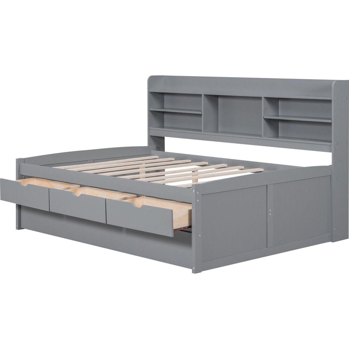 Full Size Wooden Captain Bed with Built-in Bookshelves,Three Storage Drawers and Trundle,Light Grey
