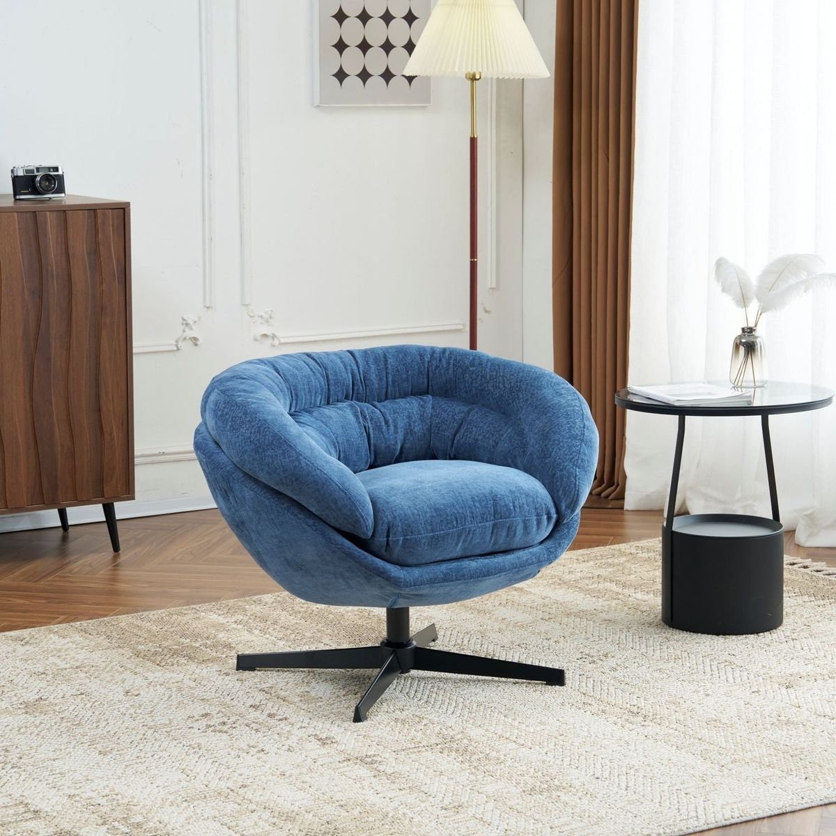Chenille Upholstered 360掳 Swivel Club Chair/Accent Chair with Removable Cushion, Round Office Chair with Black Metal Base, Cotton Material, Living Room, Bedroom, Reading Corner, Office (Navy Blue)
