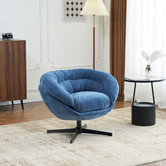 Chenille Upholstered 360掳 Swivel Club Chair/Accent Chair with Removable Cushion, Round Office Chair with Black Metal Base, Cotton Material, Living Room, Bedroom, Reading Corner, Office (Navy Blue)