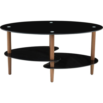 Black Oval glass coffee table, modern table in living room Oak wood leg tea table 3-layer tempered glass table