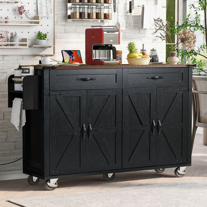 53.5"Farmhouse Kitchen Island with Power Outlet, Kitchen Storage Island with Drop Leaf, Spice Rack and Drawer, Rolling Kitchen Cart on Wheels, for Home, Kitchen and Dining Room, Black