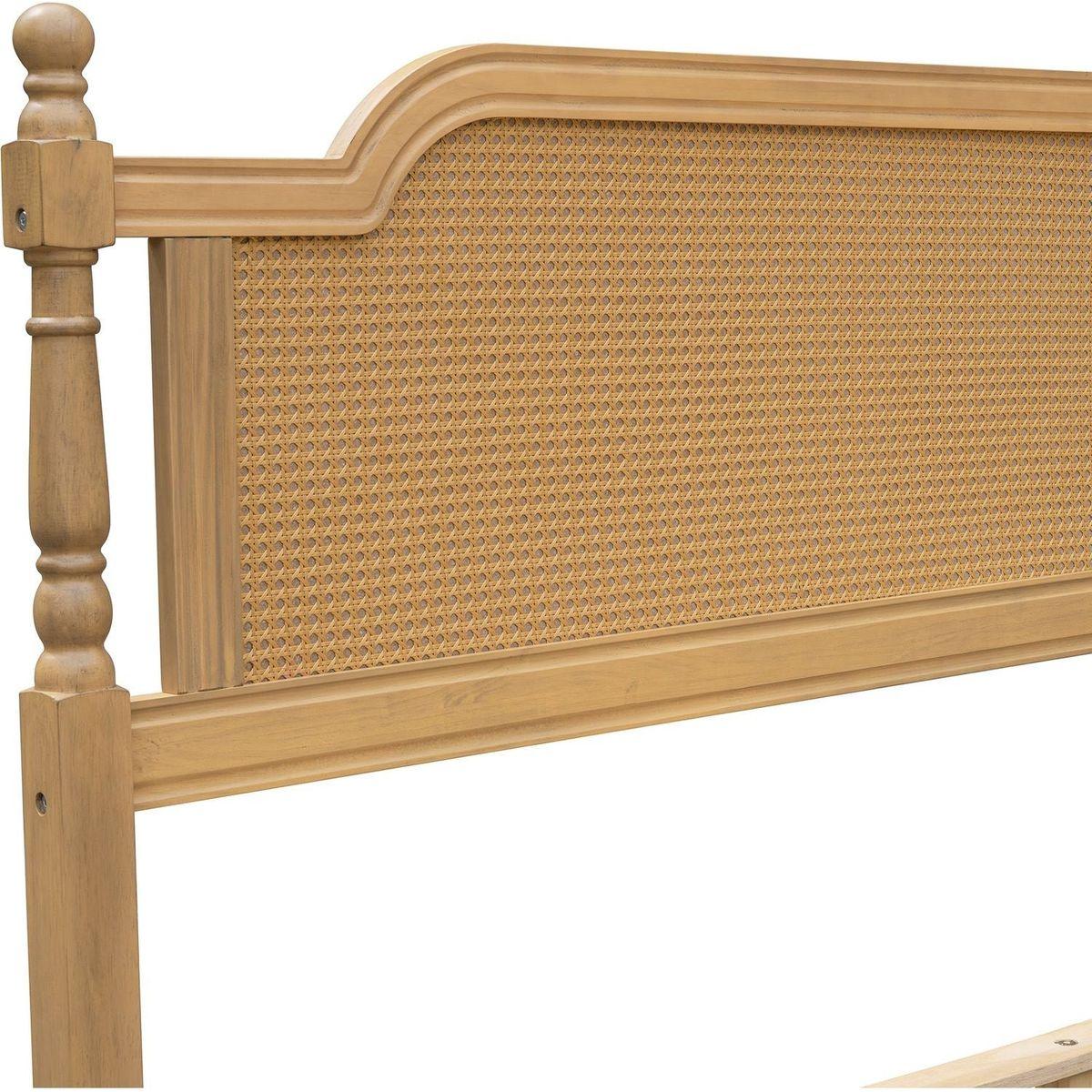 Traditional Style Rattan King Size Bed Frame,No Box Spring Needed,Antique Walnut