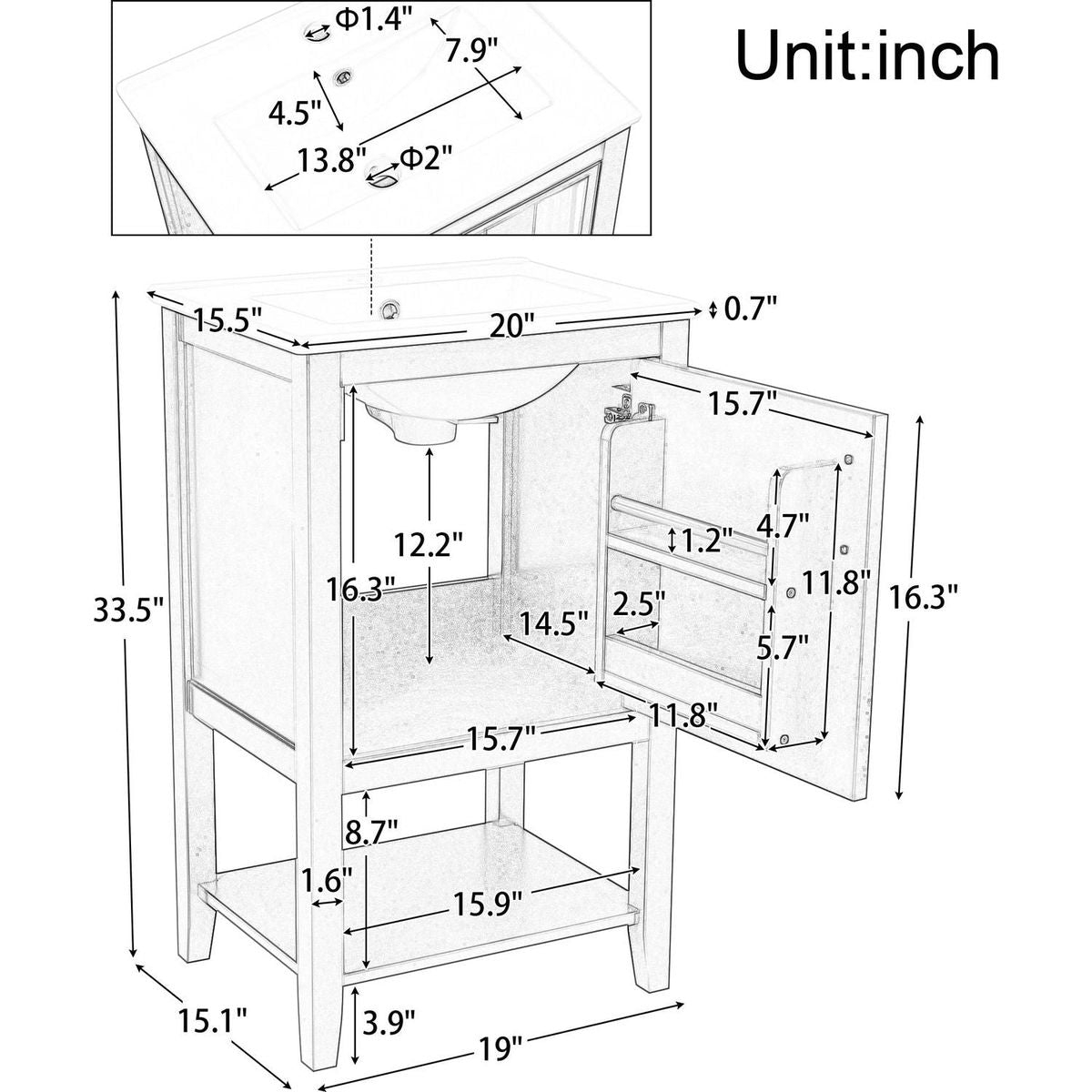 20" Bathroom Vanity with Sink, Bathroom Cabinet with Soft Closing Door, Storage Rack and Open Shelf, Grey