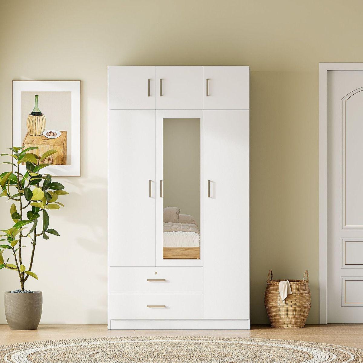 3-Door Mirror Wardrobe with 2 Drawers and Top Cabinet,White