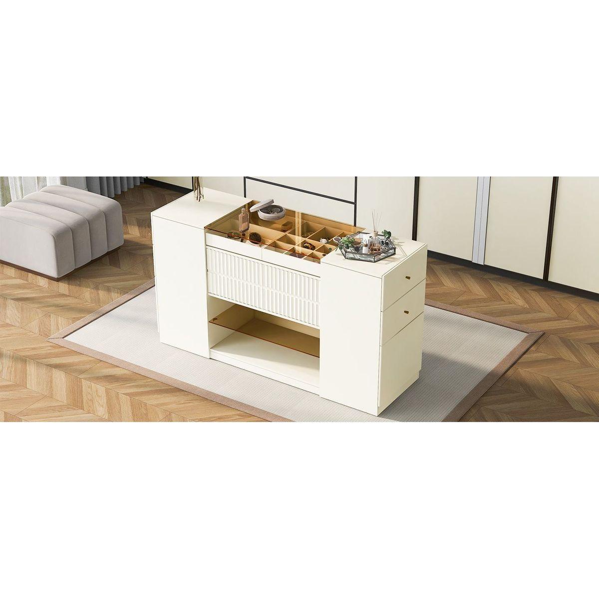 Modern Luxury Multi-Functional Island Vanity Dresser and Storage Cabinet with Glass Tabletop, Display Shelf,6 Drawers for Walk-in-Wardrobe and Bedroom