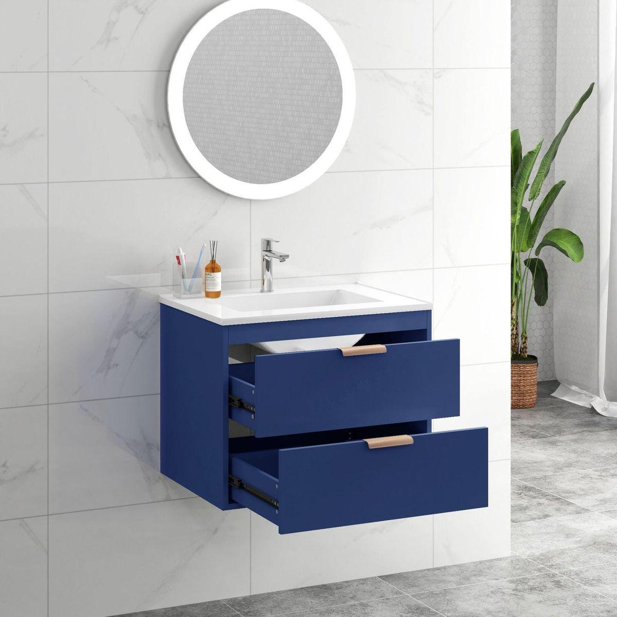 24" floating wall mounted bathroom vanity with white ceramic sink and drawer storage