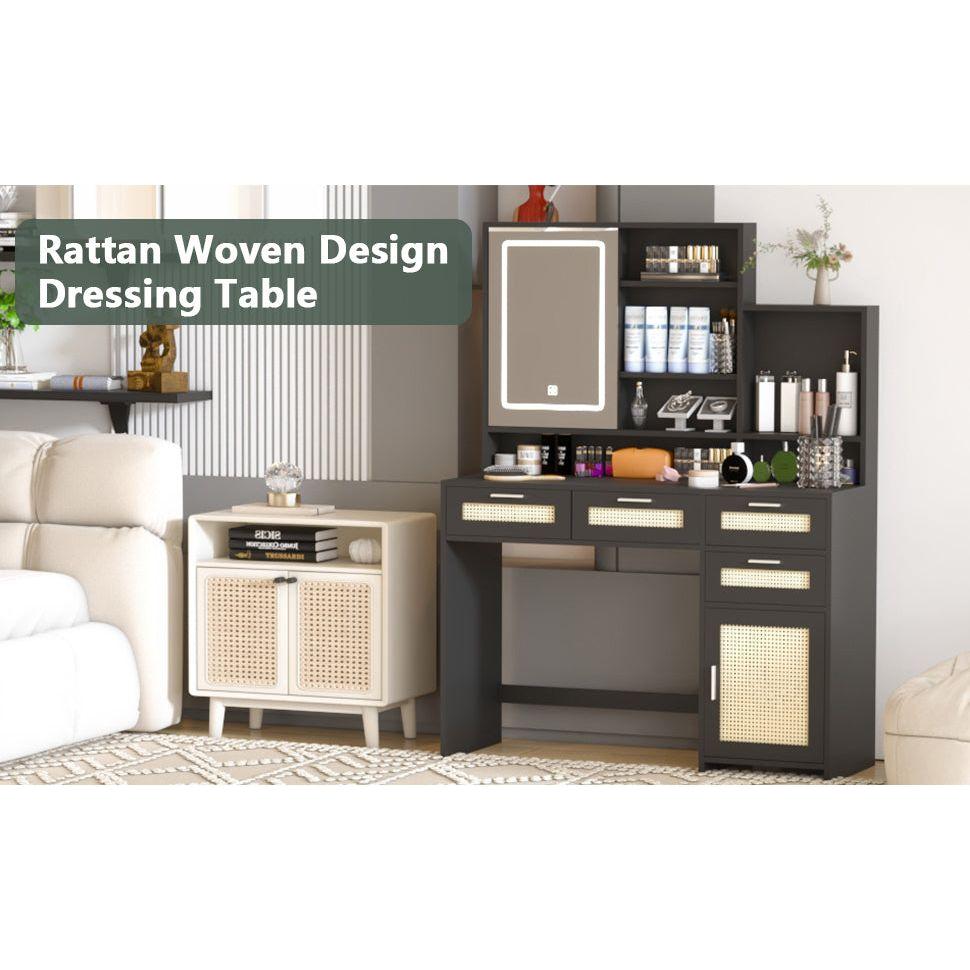 Makeup Vanity with Lights in 3 Colors & Openable Mirror, Vanity Desk with 4 Drawers & 1 Cabinets & Shelves, Vanity Table Rattan Vanity Dresser, for Bedroom
