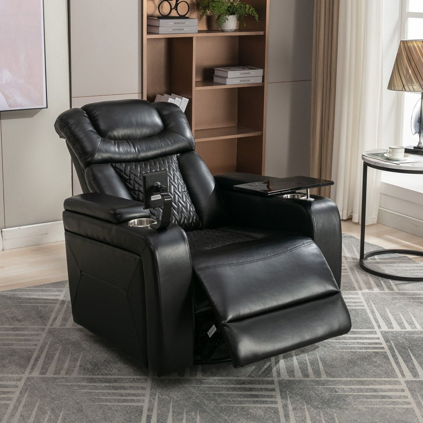 270 Degree Swivel PU Leather Power Recliner Individual Seat Home Theater Recliner with Comforable Backrest, Tray Table, Phone Holder, Cup Holder, USB Port, Hidden Arm Storage for Living Room, Black