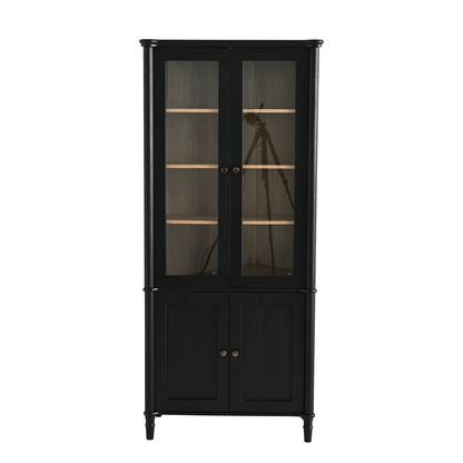 Vintage Display Cabinet with Double Glass Doors, Traditional Style for Collectibles - Black, Ash Wood Veneer, 73.25'' Tall