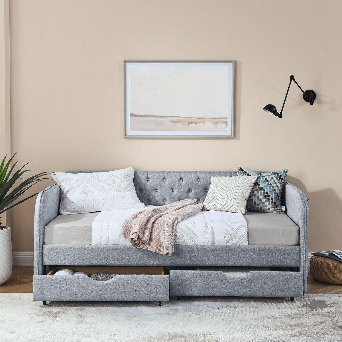 Twin Size Upholstery Daybed with Trundle Bed and Two Storage Drawers , Flat Arms with Pocket, Extendable Daybed for Bedroom Living Room,Linen Grey