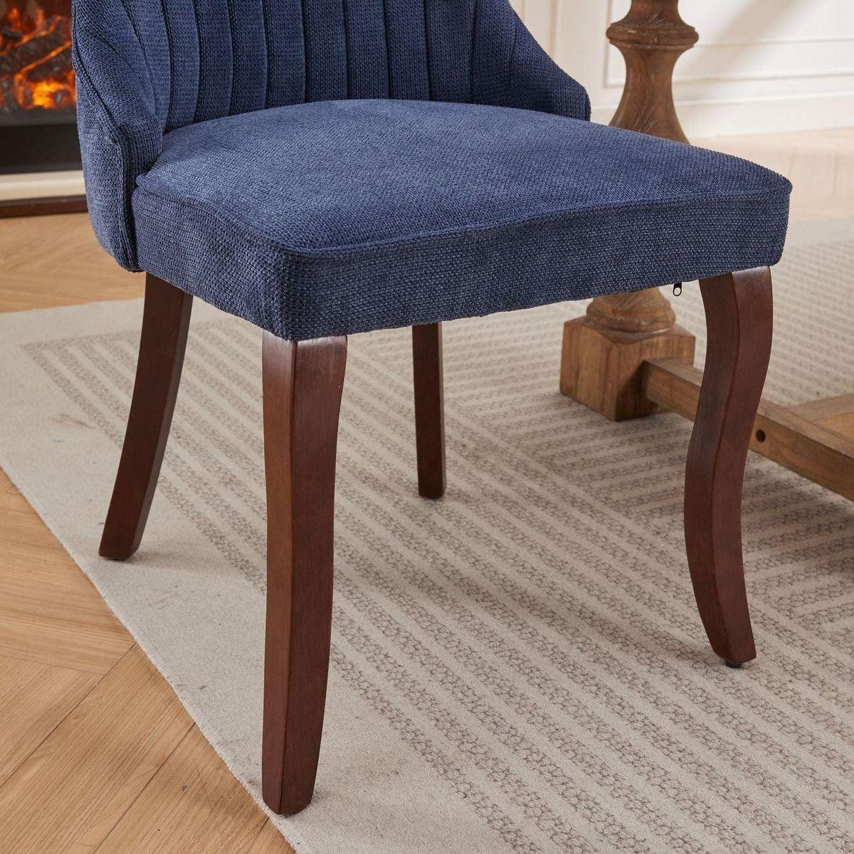 Rayon Cloth Flocking Linen Dining Chairs Channel Kitchen Dinner Chair Comfy Fabric Upholstered Accent Chair for Dining Room with Curved Solid Wood Legs,Set of 2 (Blue) - Streamdale Furniture