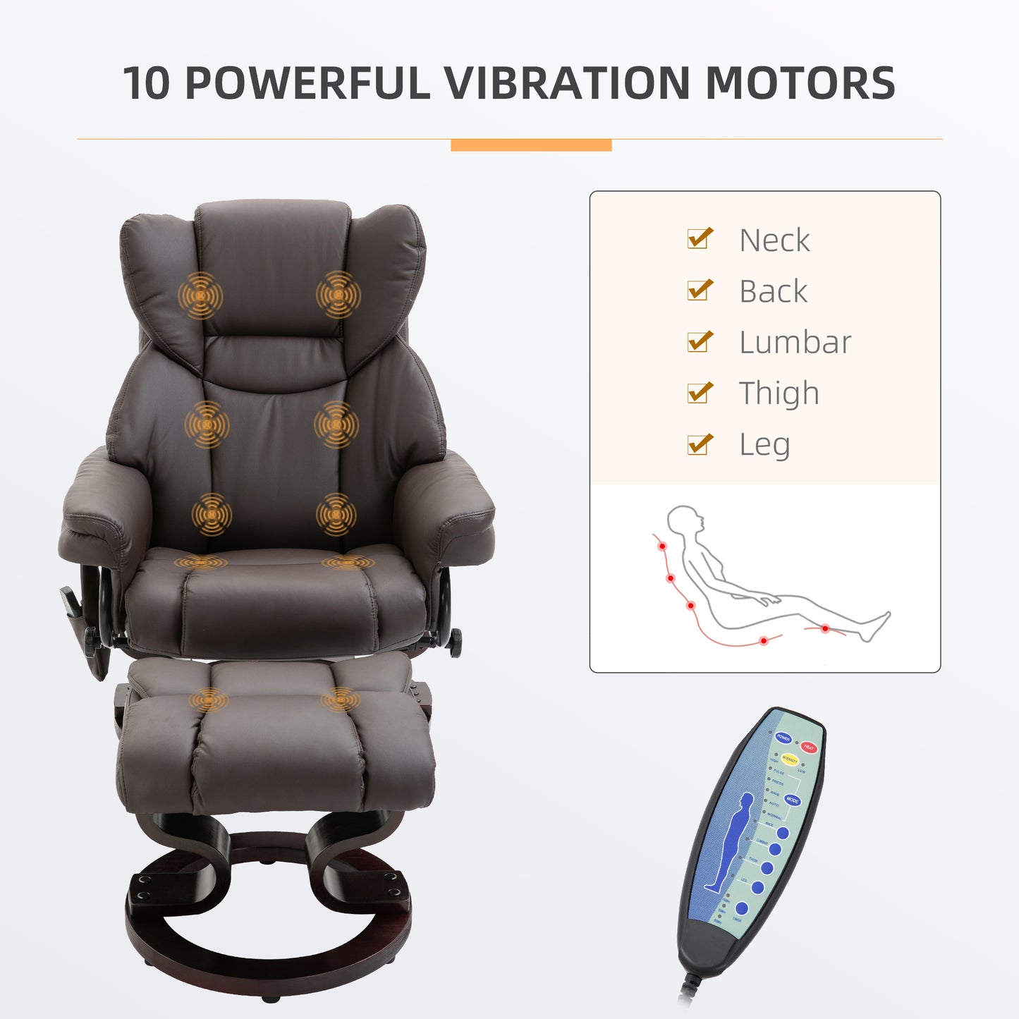 Massage Recliner Chair with Ottoman Footrest, 10 Vibration Points, 360 Swivel Reclining Chair, Faux Leather Living Room Chair with Side Pocket and Remote Control, Brown