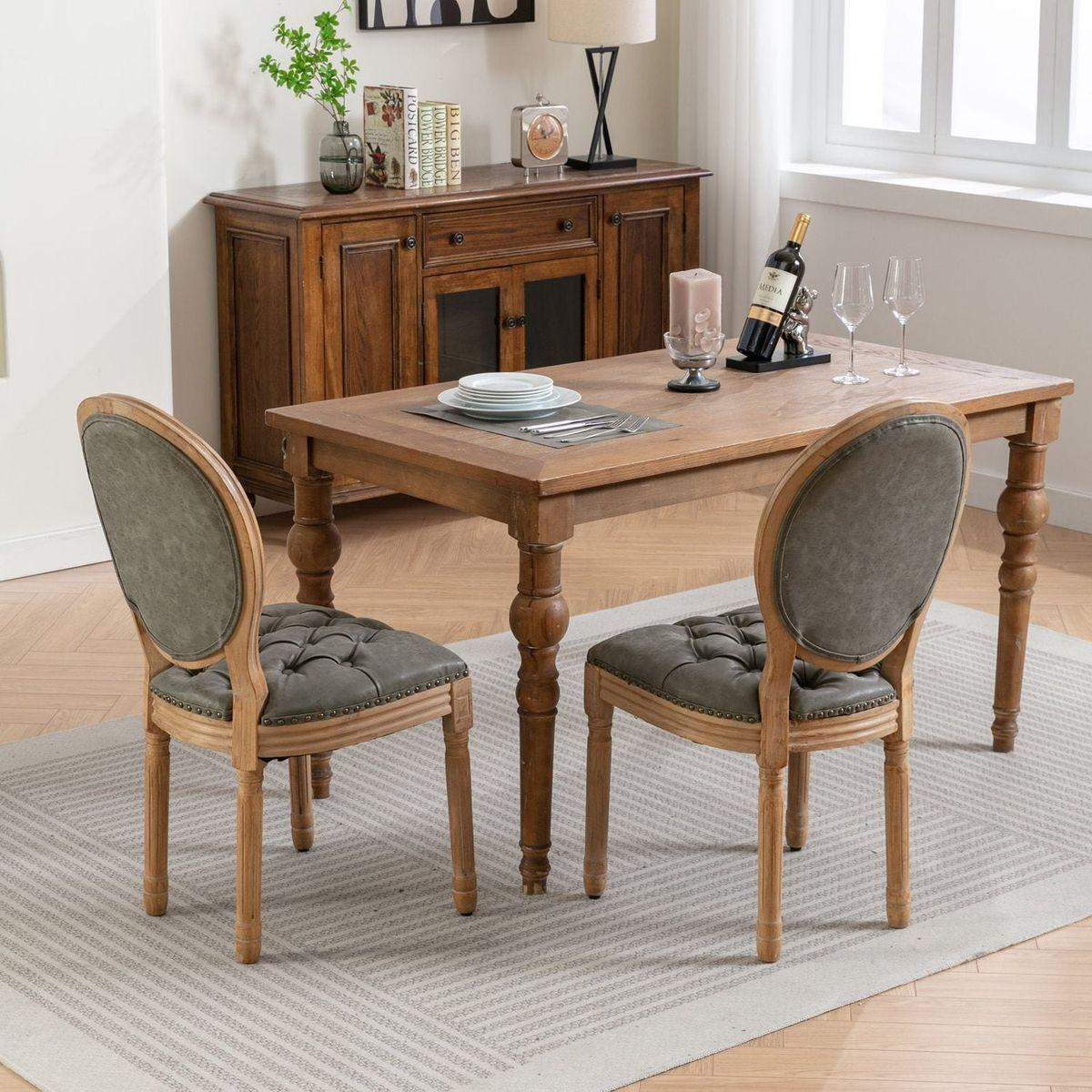 French Style Solid Wood Frame Antique Painting,Hand-pulled buckle decoration PU artificial leather Dining Chair with Nailhead Trim, Wood Legs,Set of 2,White Pine Green