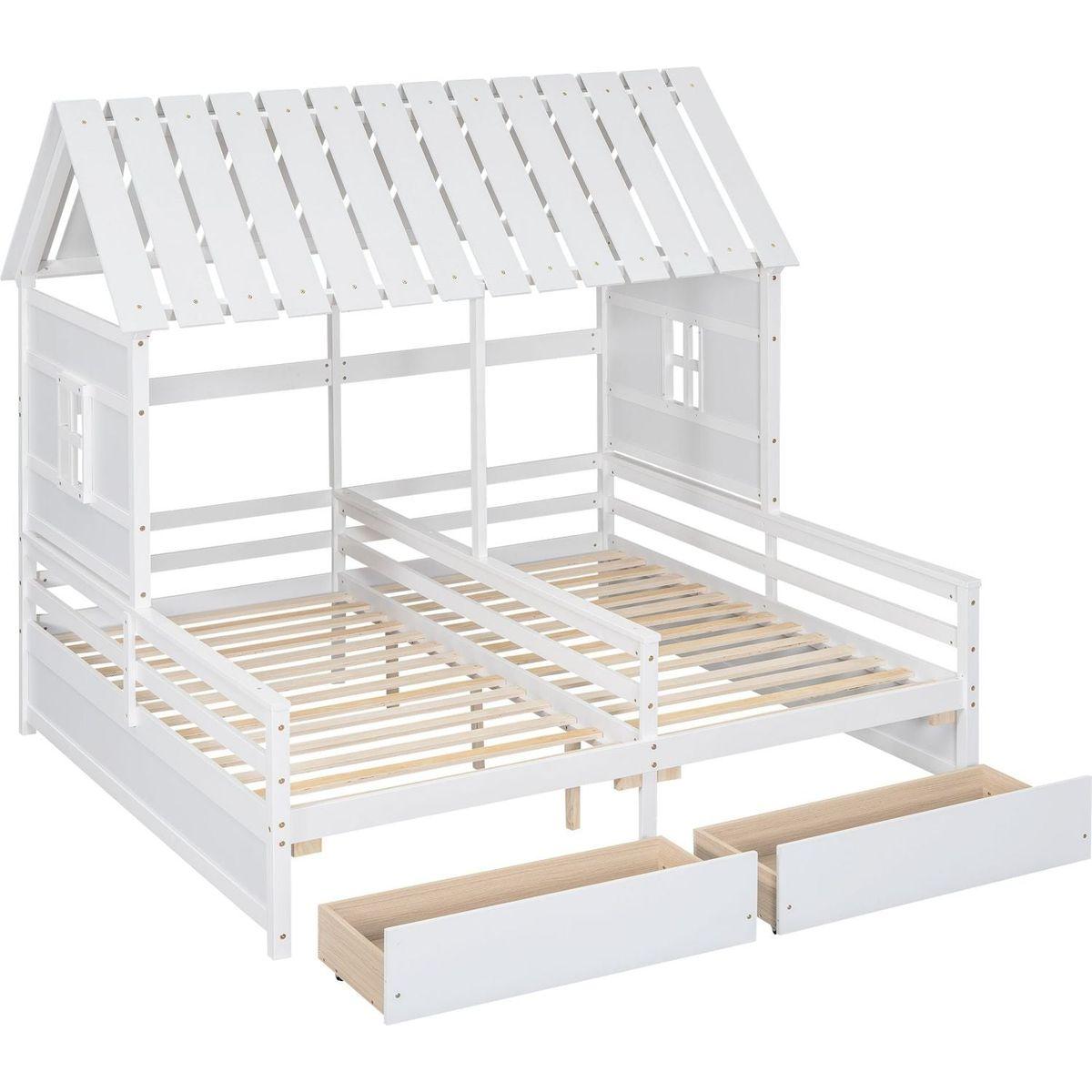 Twin Size House Platform Beds with Two Drawers for Boy and Girl Shared Beds, Combination of 2 Side by Side Twin Size Beds,White