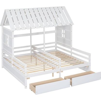 Twin Size House Platform Beds with Two Drawers for Boy and Girl Shared Beds, Combination of 2 Side by Side Twin Size Beds,White