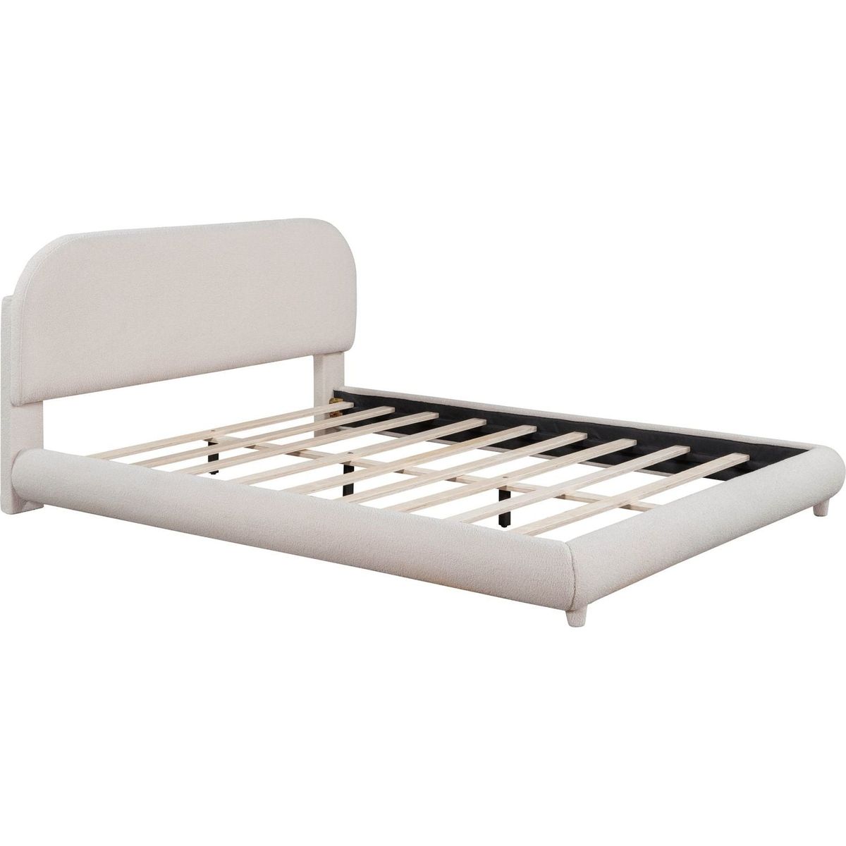 Teddy Fleece Queen Size Upholstered Platform Bed with Thick Fabric, Solid Frame and Stylish Curve-shaped Design, Beige