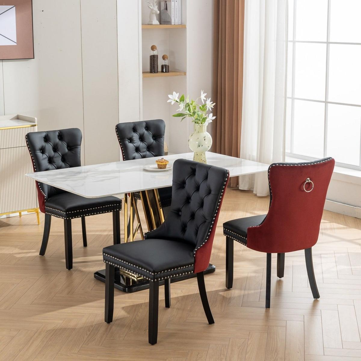 Nikki Collection Modern, High-end Tufted Solid Wood Contemporary PU and Velvet Upholstered Dining Chair with Wood Legs Nailhead Trim 2-Pcs Set, Black+WineRed, Burgundy