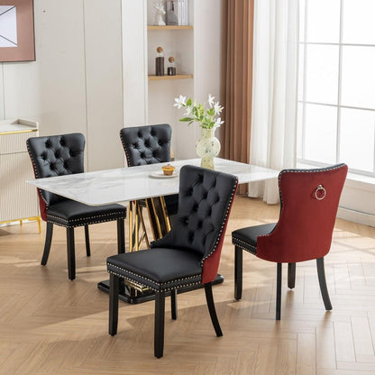 Nikki Collection Modern, High-end Tufted Solid Wood Contemporary PU and Velvet Upholstered Dining Chair with Wood Legs Nailhead Trim 2-Pcs Set, Black+WineRed, Burgundy