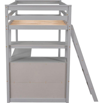 Twin Size Loft Bed with Desk and Shelves, Two Built-in Drawers, Gray