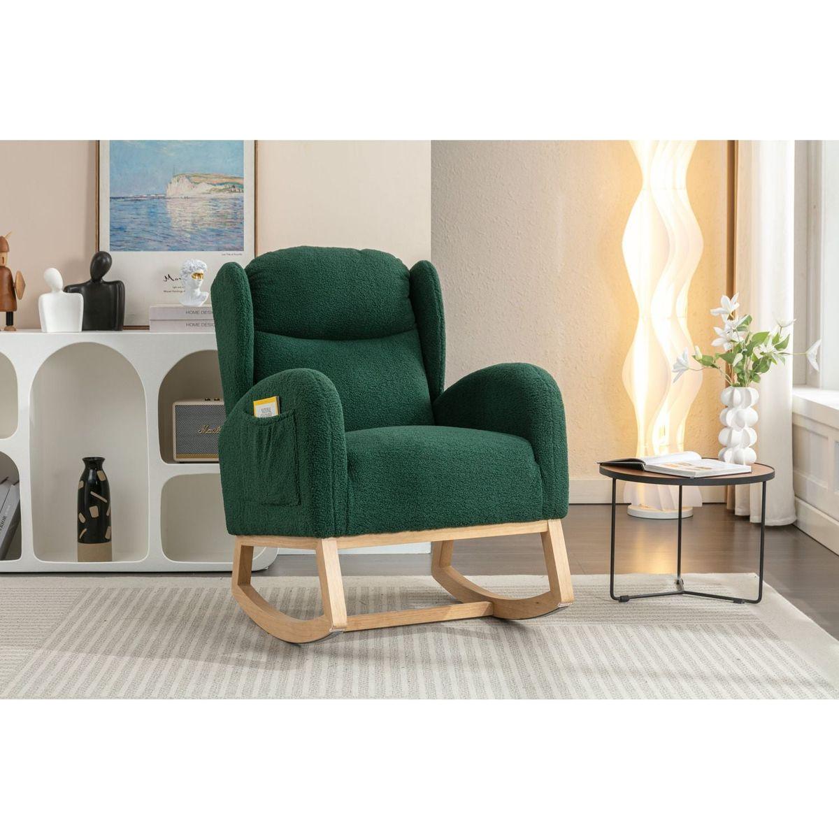 Teddy Fabric Rocking Chair With Packet Wood Legs,Green