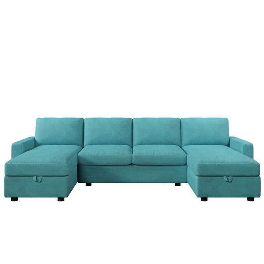 Convertible U-shaped Sectional Sofa with Storage Chaise Lounges & USB Ports, Teal, Twill Polyester, 103.9'