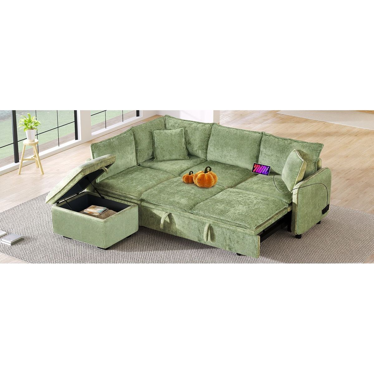82.67"Convertible Sofa Bed Sectional Sofa Sleeper L-shaped Sofa with a Storage Ottoman,Two Pillows, Two Power Sockets and Two USB Ports for Living Room, Green