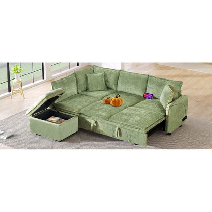 82.67"Convertible Sofa Bed Sectional Sofa Sleeper L-shaped Sofa with a Storage Ottoman,Two Pillows, Two Power Sockets and Two USB Ports for Living Room, Green