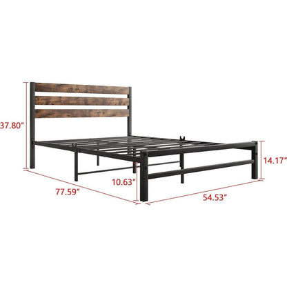 Full Size Platform Bed Frame with Rustic Vintage Wood Headboard, Strong Metal Slats Support Mattress Foundation, No Box Spring Needed Rustic Brown
