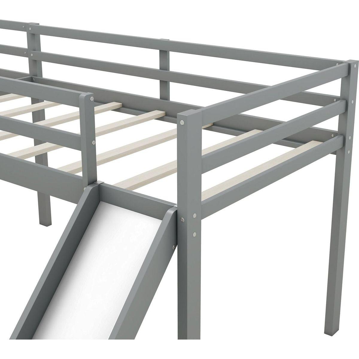 L-Shaped Twin Size Loft Bed with Ladder and Slide, Gray