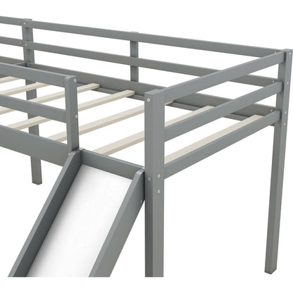 L-Shaped Twin Size Loft Bed with Ladder and Slide, Gray