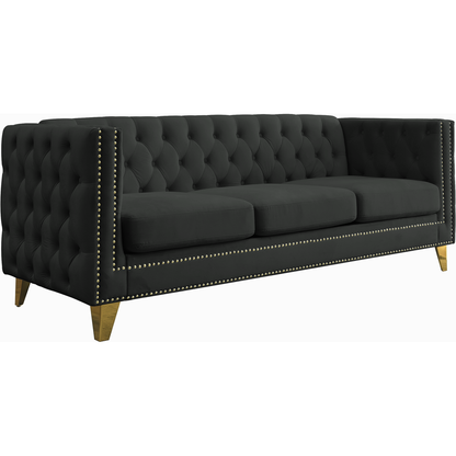 Velvet Sofa for Living Room,Buttons Tufted Square Arm Couch, Modern Couch Upholstered Button and Metal Legs, Sofa Couch for Bedroom, Black Velvet, 2PCS