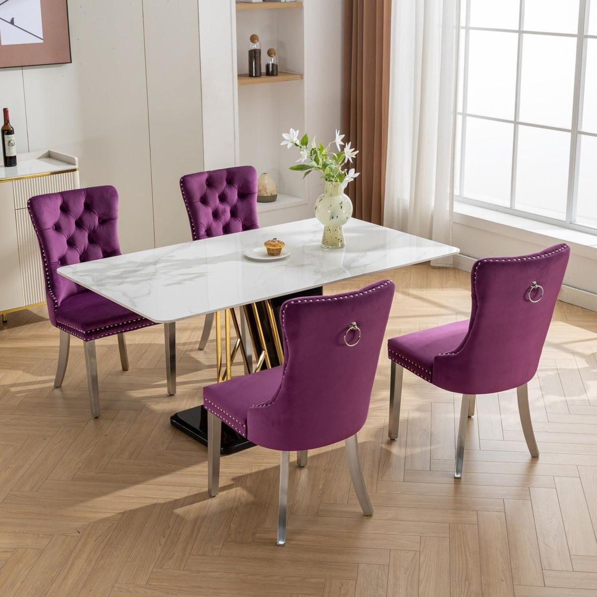 Nikki Collection Modern, High-end Tufted Solid Wood Contemporary Velvet Upholstered Dining Chair with Chrome Stainless Steel Plating Legs,Nailhead Trim,Set of 2,Purple and Chrome