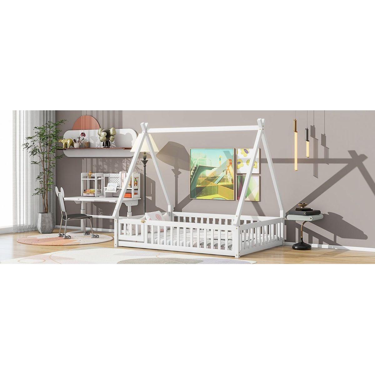 Full Tent-shaped Floor Bed, with Guardrails, Slats, Door, White