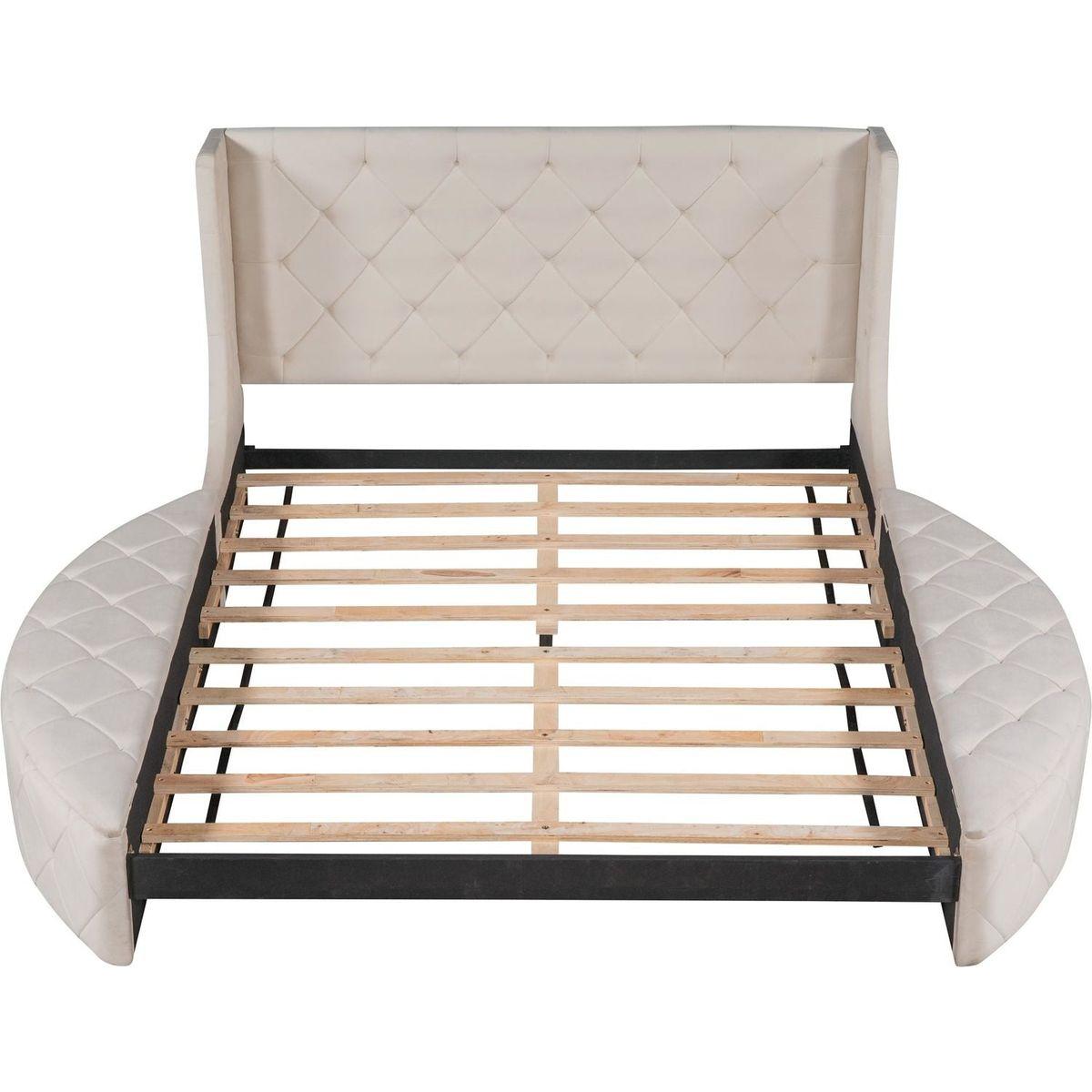Upholstered Platform Bed Queen Size Storage Velvet Bed with Wingback Headboard and 1 Big Drawer,2 Side Storage Stool(Beige)