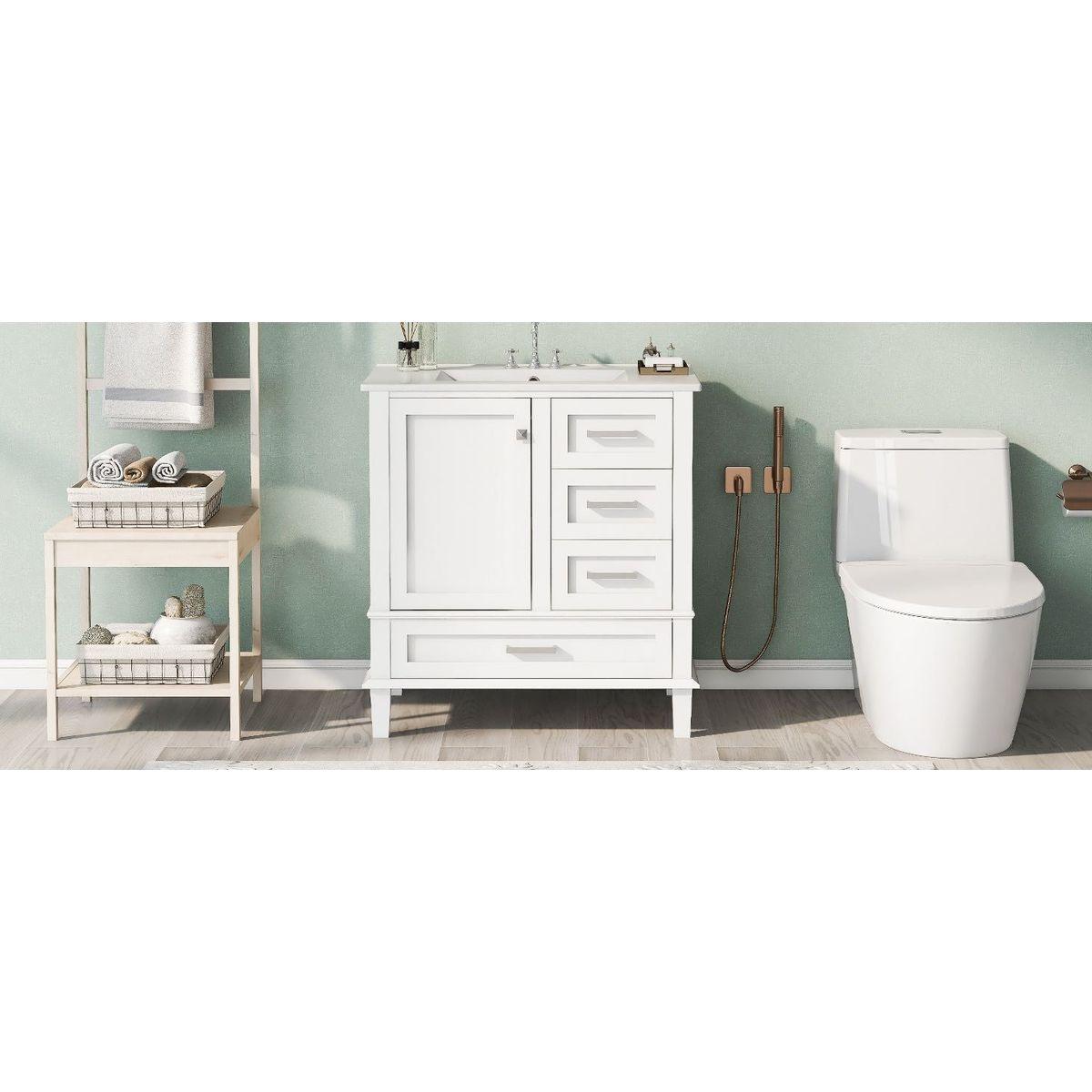 30" Bathroom Vanity, Modern Bathroom Cabinet with Sink Combo Set, Bathroom Storage Cabinet with a Soft Closing Door and 3 Drawers, Solid Wood Frame(White)