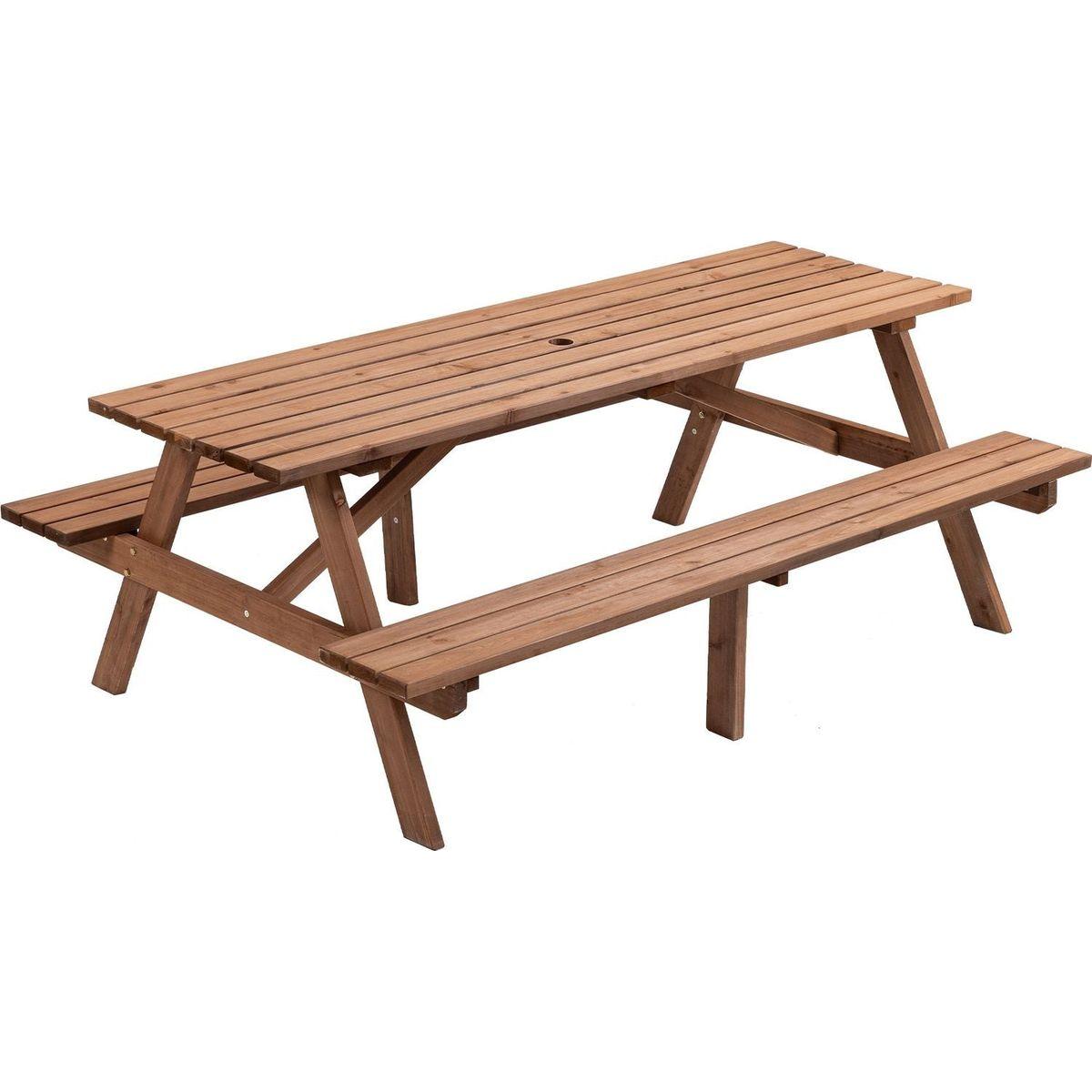 8 Person Brown Wooden Picnic Table, Outdoor Camping Dining Table with 2 Seats, Garden, DIY with 2 Built-in Benches, 2220lb Capacity