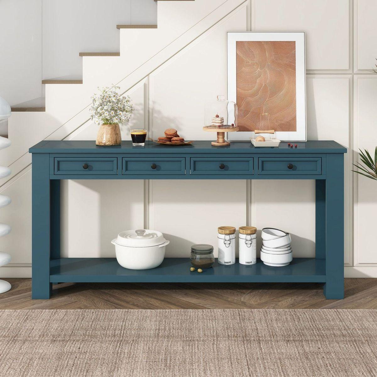 Console Table/Sofa Table with Storage Drawers and Bottom Shelf for Entryway Hallway(Dark Blue)