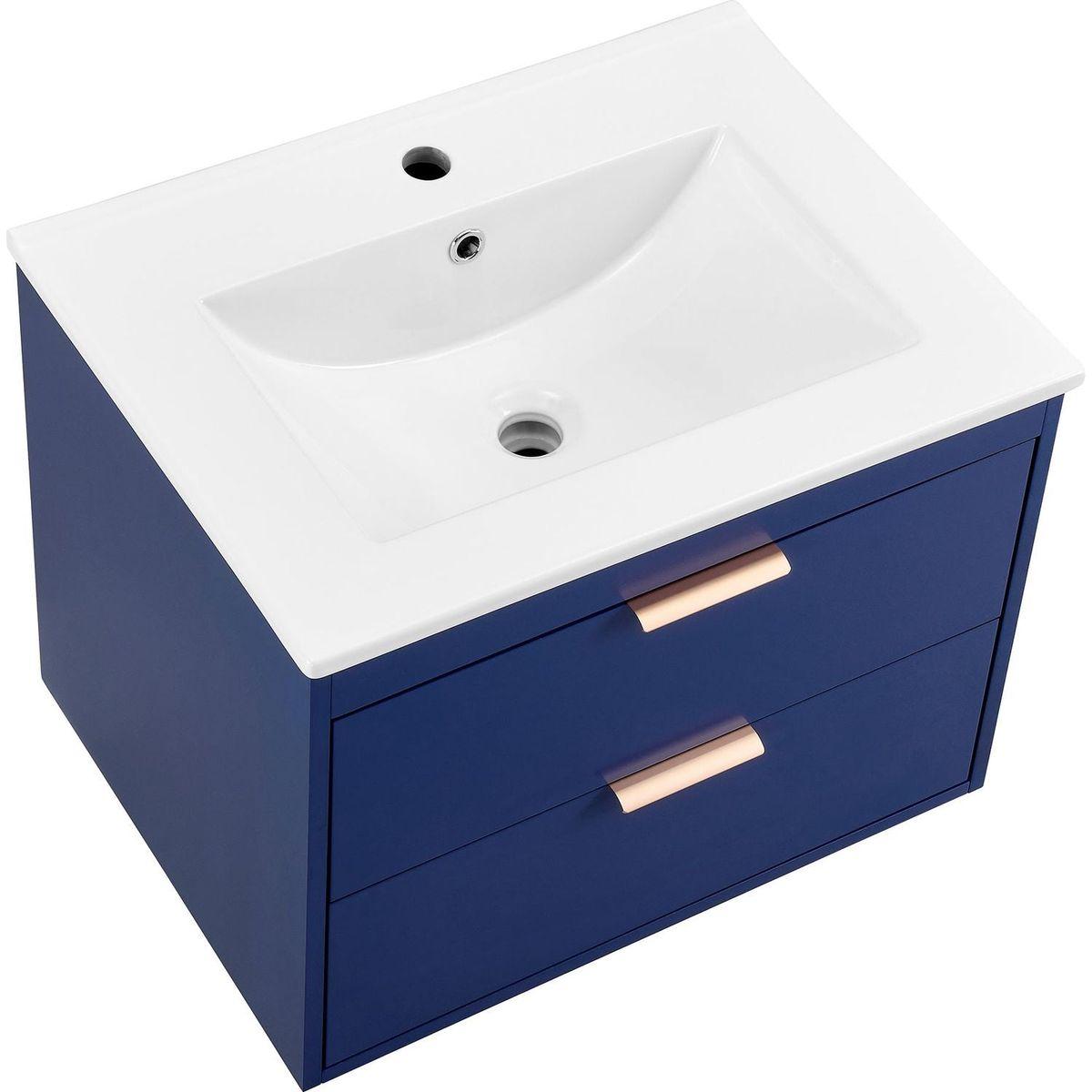 24" floating wall mounted bathroom vanity with white ceramic sink and drawer storage