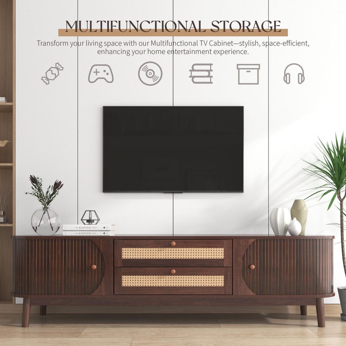 Rattan TV Stand for TVs up to 75", Modern Farmhouse Media Console, Entertainment Center with Solid Wood Legs, TV Cabinet for Living Room,Home Theatre