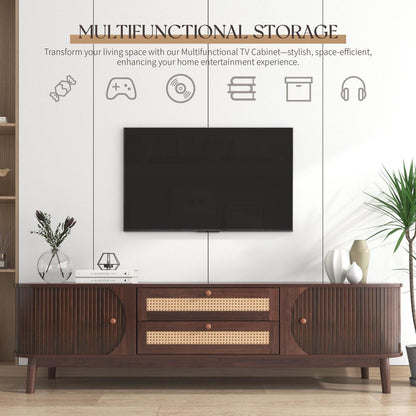 Rattan TV Stand for TVs up to 75", Modern Farmhouse Media Console, Entertainment Center with Solid Wood Legs, TV Cabinet for Living Room,Home Theatre