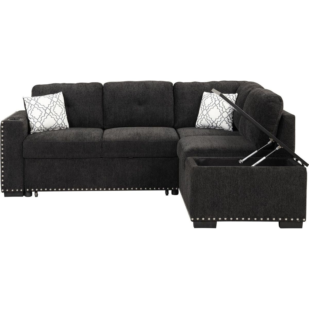 83.8" Reversible Sectional Pull-Out Sofa Bed L-Shaped Corner Sofa Couch with Storage Chaise, USB Ports, Power Sockets, Cup Holder for Living Room, Bedroom, Study, Black