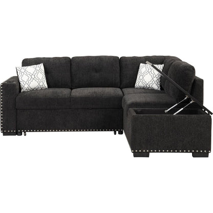 83.8" Reversible Sectional Pull-Out Sofa Bed L-Shaped Corner Sofa Couch with Storage Chaise, USB Ports, Power Sockets, Cup Holder for Living Room, Bedroom, Study, Black