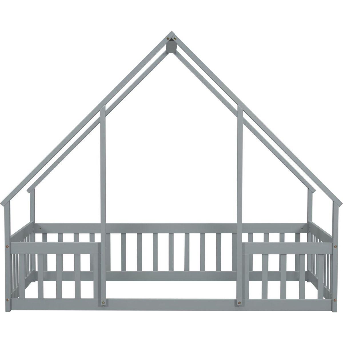 Twin Wood House-Shaped Floor Bed with Fence, Guardrails, Grey