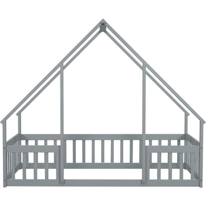 Twin Wood House-Shaped Floor Bed with Fence, Guardrails, Grey