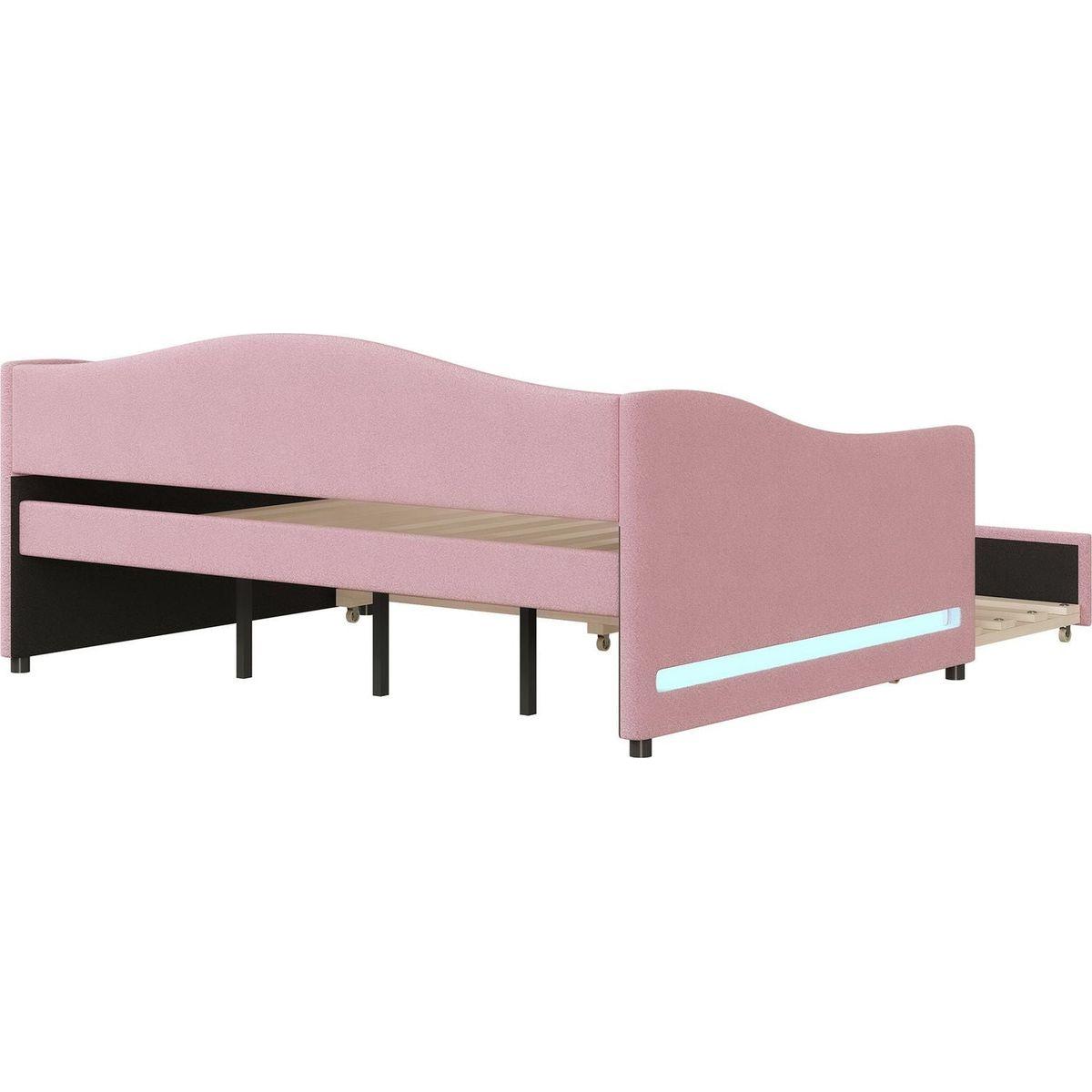 Teddy Fleece Full Size Upholstered Daybed with Light and Trundle, Pink