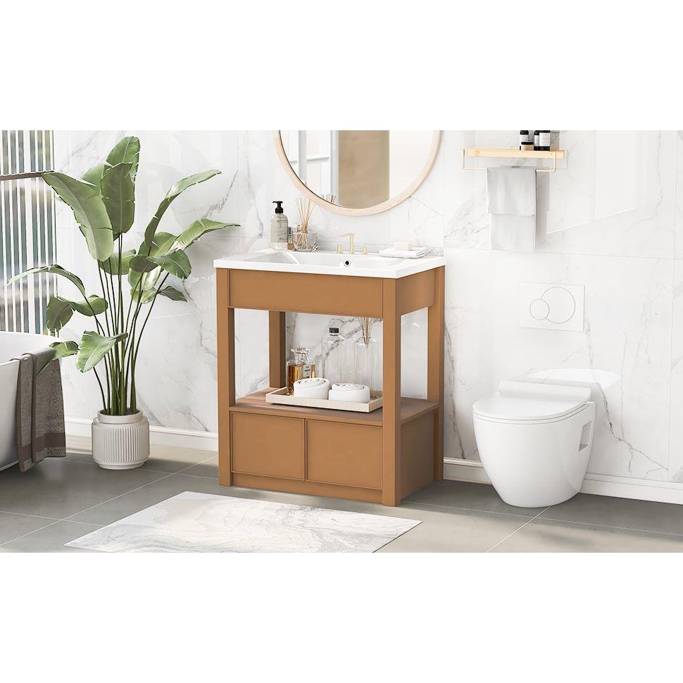 30" Bathroom Vanity with Sink Top, Bathroom Cabinet with Open Storage Shelf and Two Drawers, Brown