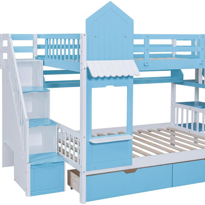 Full-Over-Full Castle Style Bunk Bed with 2 Drawers 3 Shelves and Slide - Blue