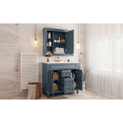 36" Bathroom Vanity with Top Sink, Royal Blue Mirror Cabinet, Modern Bathroom Storage Cabinet with 2 Soft Closing Doors and 2 Drawers, Single Sink Bathroom Vanity