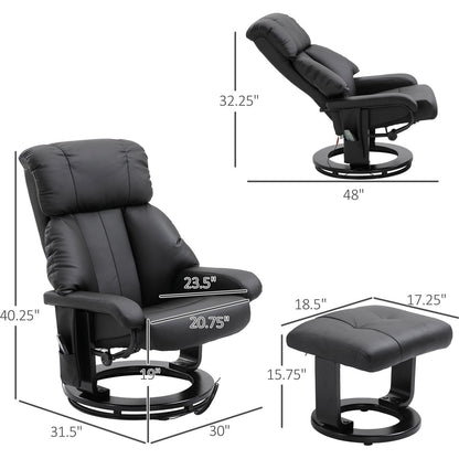 Recliner with Ottoman Footrest, Recliner Chair with Vibration Massage, Faux Leather and Swivel Wood Base for Living Room and Bedroom, Black